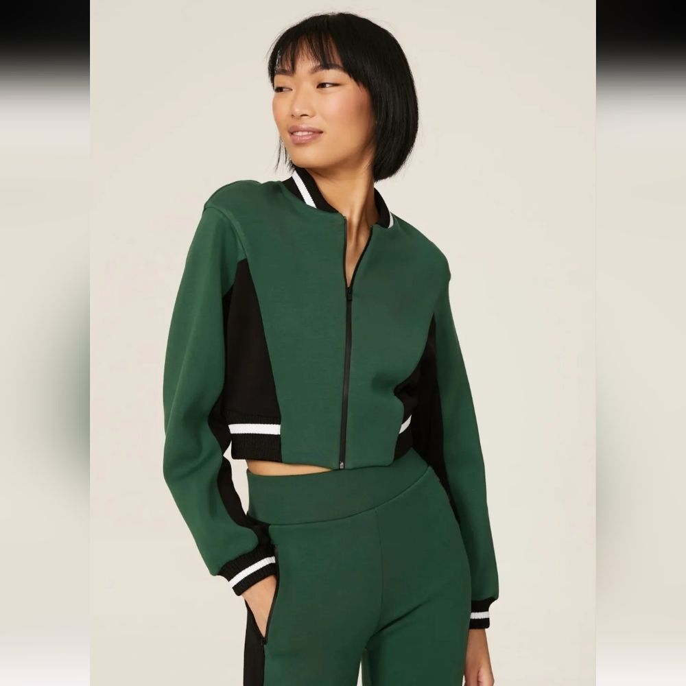 Michi Carve Green Scuba Crop Varsity Jacket Size XS